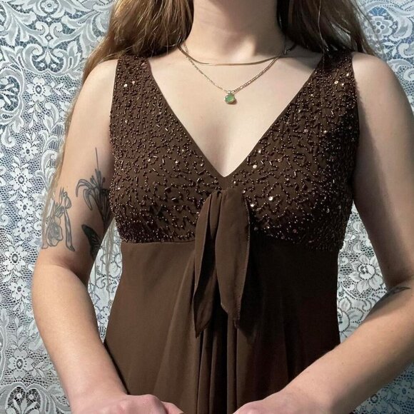 Eva Blue - Y2K Chocolate Brown Embellished Beaded Bodice Flare Formal Dress - Picture 11 of 11